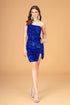 Asymmetric Velvet Bodycon Short Dress w/ Sequin in blue, featuring sequins and a stylish slit.