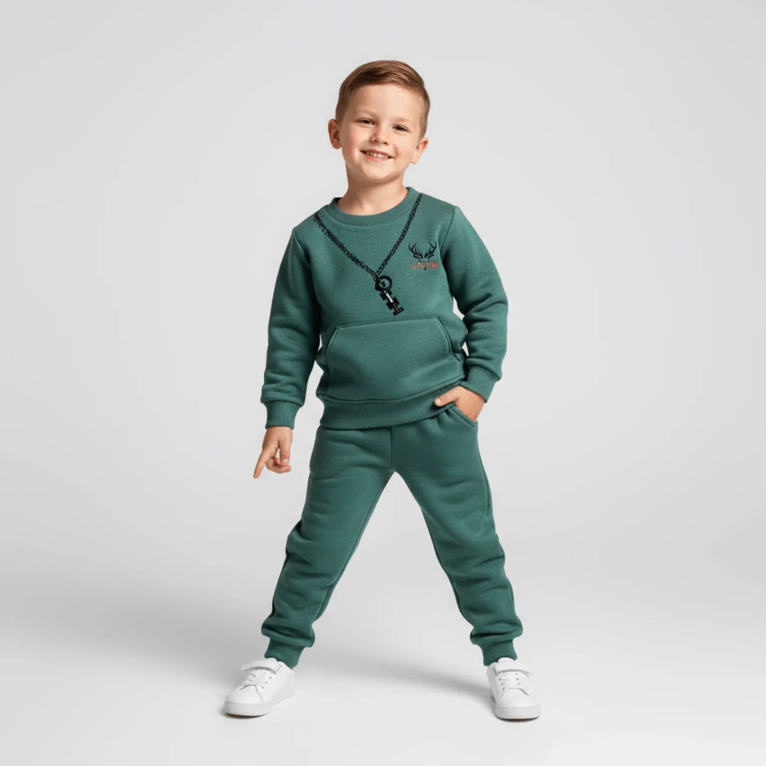 Fall King Boys Joggers Set featuring a smiling boy in a green 2-piece sweatshirt and jogger set.