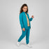 Zip-Up Tracksuit Unisex Casual Set in aqua blue worn by a girl with a smile and stylish pose.