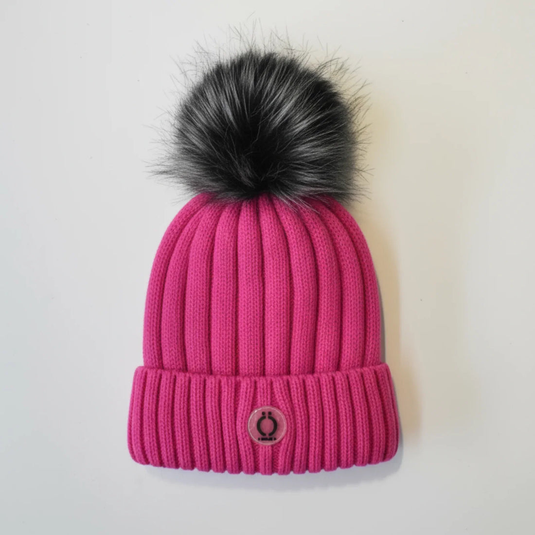 Fushia Tuque with removable fur pompom and polar fleece lining, 100% acrylic wool knit hat.