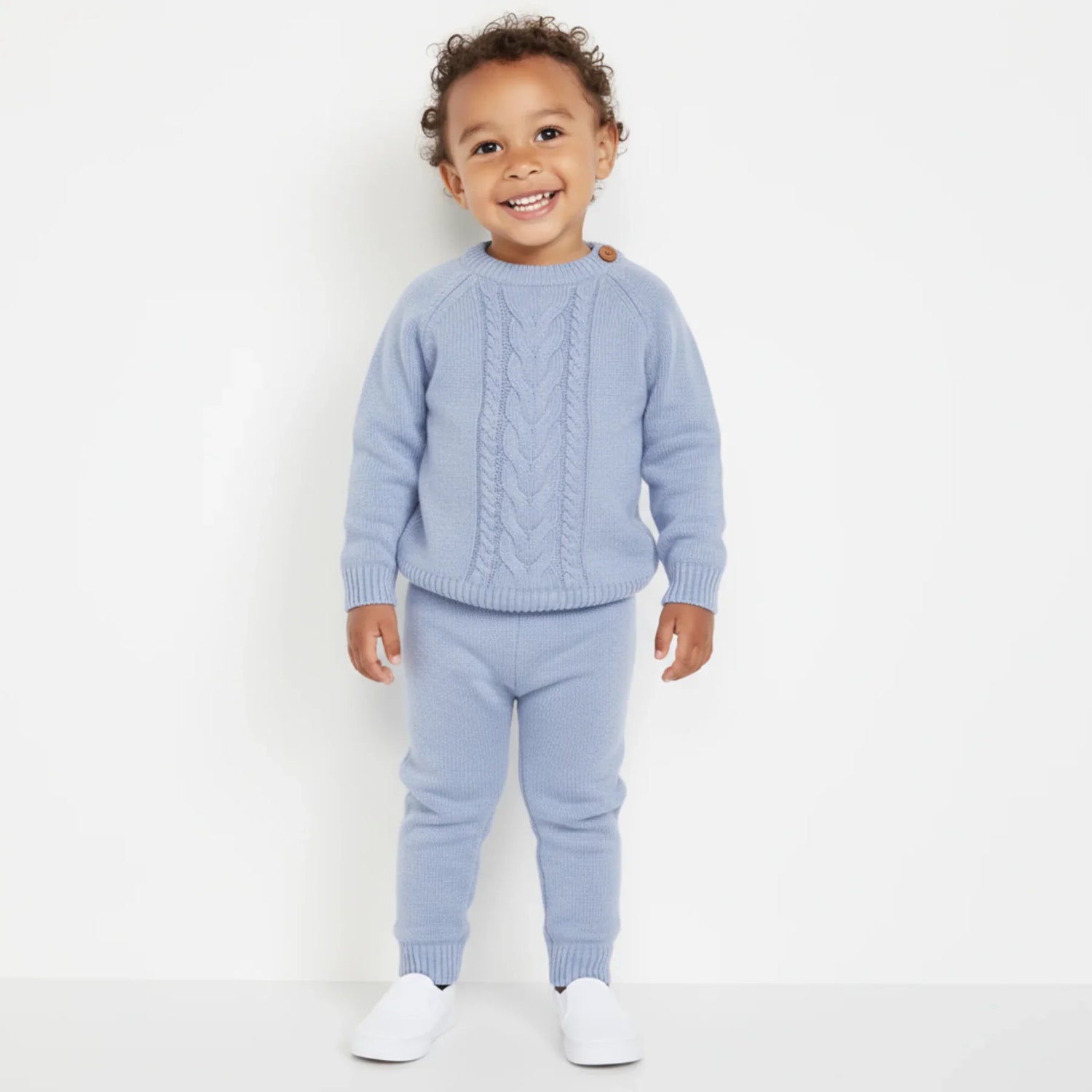 Twist Baby Jogger Set in soft blue for toddlers, featuring a cable knit pullover and matching pants.
