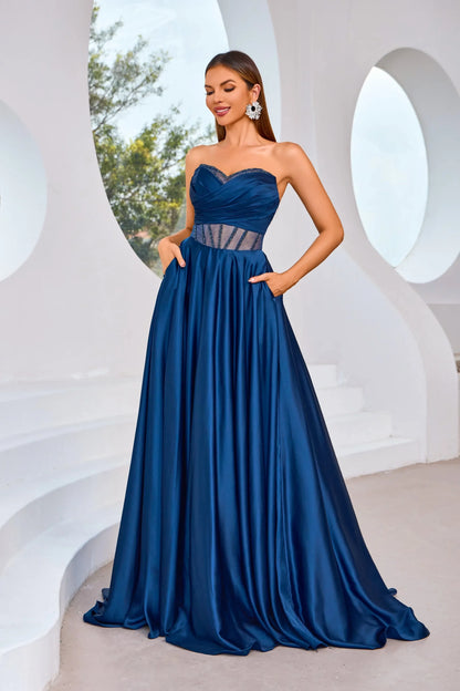 J25007 strapless navy dress with illusion sweetheart neckline and A-line silhouette, ideal for special occasions.
