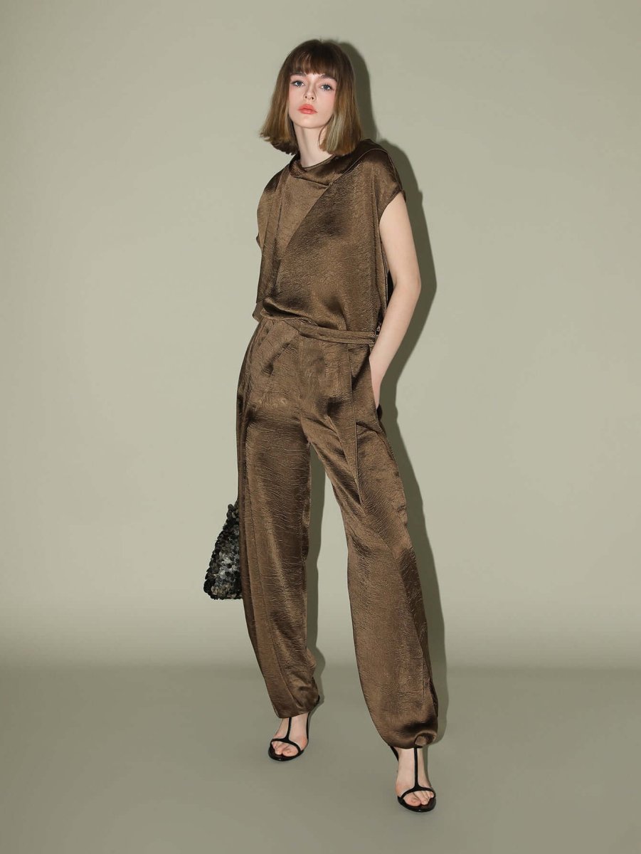 Luxurious Brown Satin High Waist Pleated Pants - Modz Designs