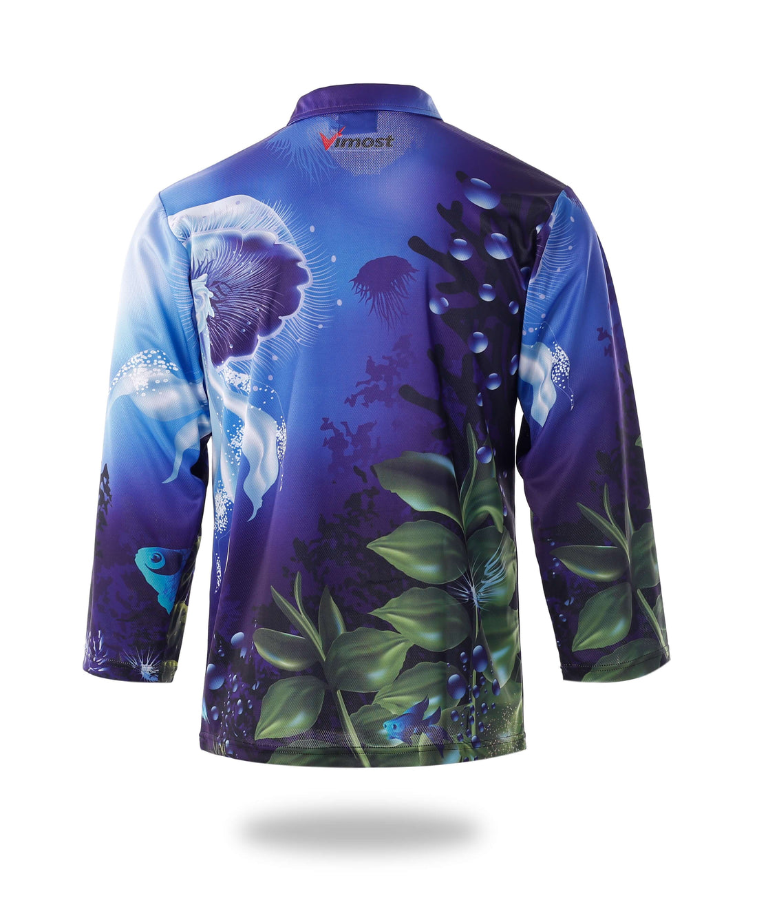 Mens Long Sleeve Design Fishing Shirts featuring a vibrant sublimated design in blue and green colors.