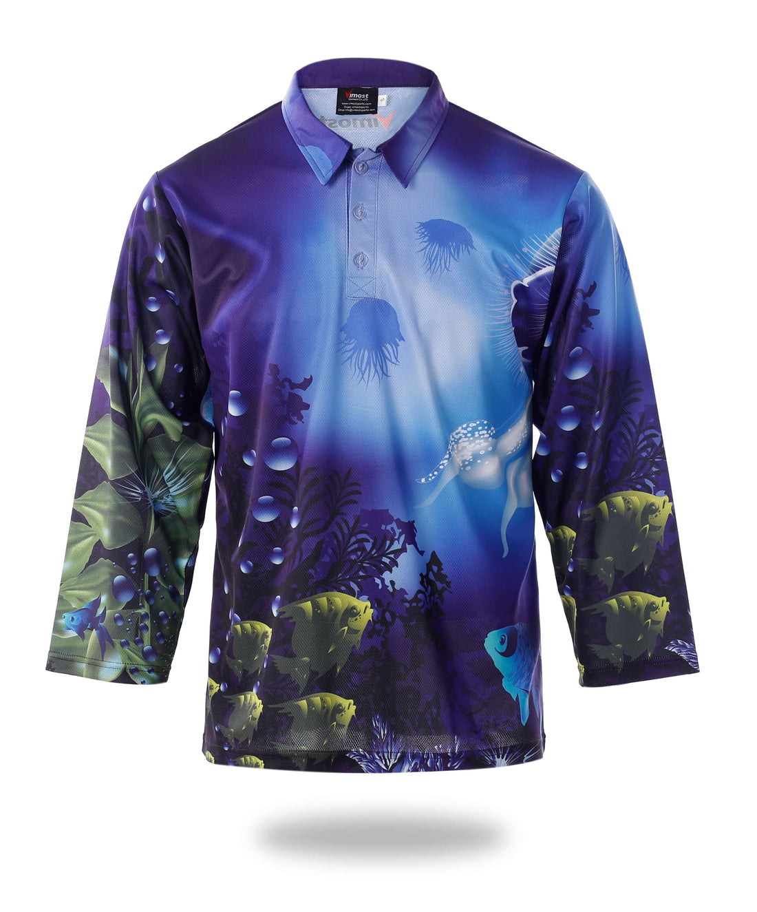 Mens Long Sleeve Design Fishing Shirts with colorful aquatic design and polo collar, lightweight micromesh fabric.