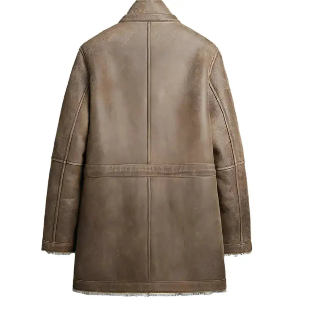 Mens Shearling Winter Long Coat backside view highlighting genuine sheepskin material.