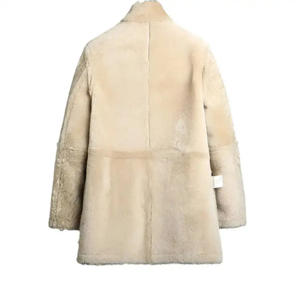 Mens Shearling Winter Long Coat - back view showcasing soft sheepskin material and stylish design.