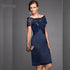 Navy blue lace appliqued knee length bridal dress, featuring cap sleeves and a fitted satin skirt.
