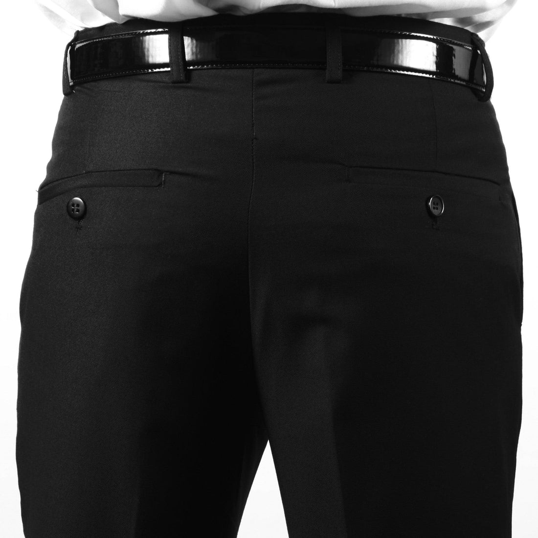 Premium Mens MP101 Black Regular Fit Dress Pants showcasing back pockets and waistband detail.