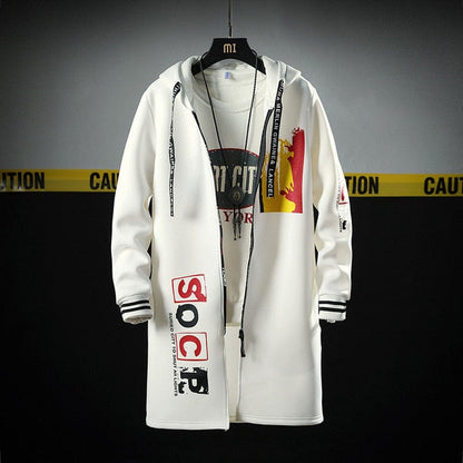 The North Fashion Long Coat Autumn Zipper Windproof Slim Windbreaker Mens Large Size Hip Hop Jackets Clothes Face in white with graphics.
