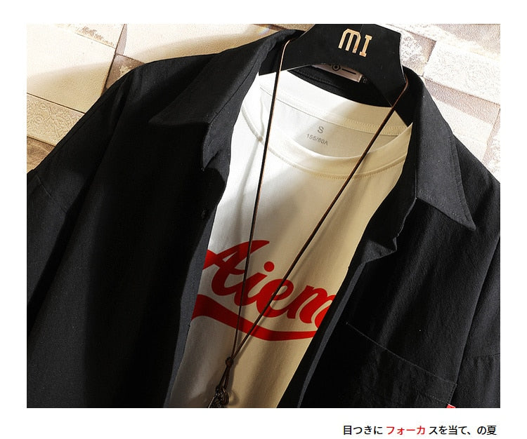 White Oversized Cotton Military Mens Blouses Fashion Summer Casual Shirts Top Men Loose Short Sleeve Japanese Male Blouse