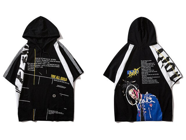 Hip Hop Cool Boy Letter Print Mens T Shirt Harajuku Fashion Streetwear Hooded Tops Tees Cotton Short Sleeve in black