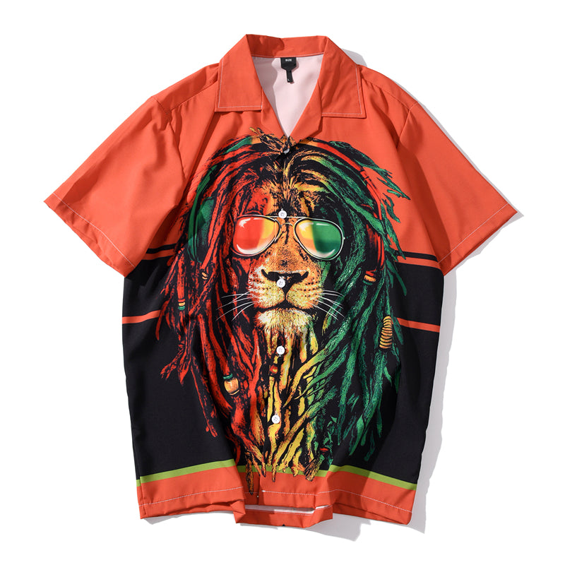 Summer Lion Print Orange Beach Hawaiian Aloha Shirts Mens Casual Short Sleeve Shirt Camisas Fashion Shirts Tops on a white background.