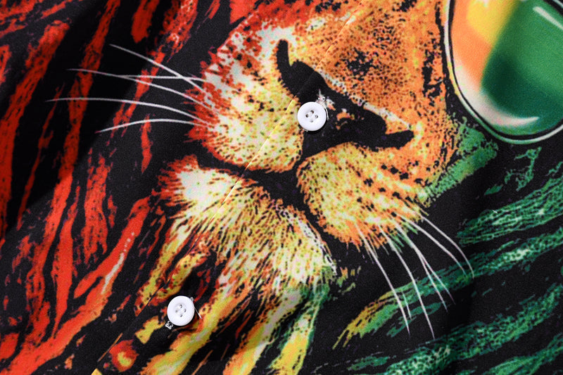 Summer Lion Print Orange Beach Hawaiian Aloha Shirts Mens Casual Short Sleeve Shirt Camisas Fashion Shirts Tops close-up of fabric.