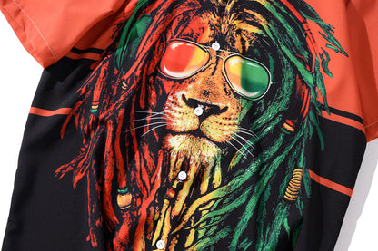Summer Lion Print Orange Beach Hawaiian Aloha Shirts Mens Casual Short Sleeve Shirt Camisas Fashion Shirts Tops