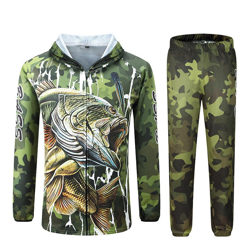 Fishing t Shirts Anti UV Sun Protection Long Sleeve mens Camouflage Fishing Jacket Set Shirt Clothing Clothes Big with hoodie and pants.