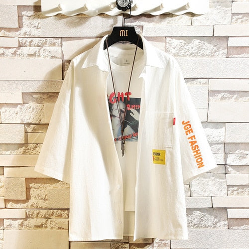 White Oversized Cotton Military Mens Blouses Fashion Summer Casual Shirts Top Men Loose Short Sleeve Japanese Male Blouse