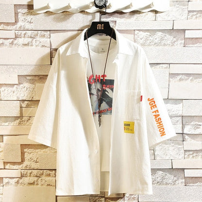 White Oversized Cotton Military Mens Blouses Fashion Summer Casual Shirts Top Men Loose Short Sleeve Japanese Male Blouse
