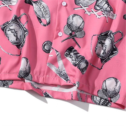 Summer Tennis Print Pink Beach Hawaiian Aloha Shirts Mens Casual Short Sleeve Shirt Male Fashion Shirts Tops pattern detail.
