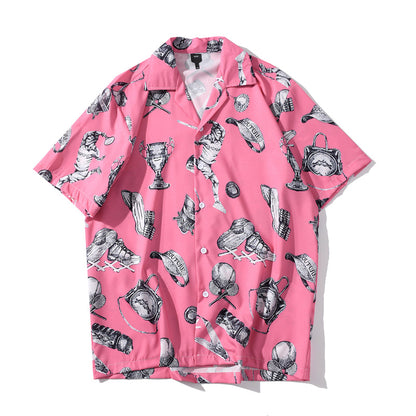 Summer Tennis Print Pink Beach Hawaiian Aloha Shirts Mens Casual Short Sleeve Shirt Male Fashion Shirts Tops