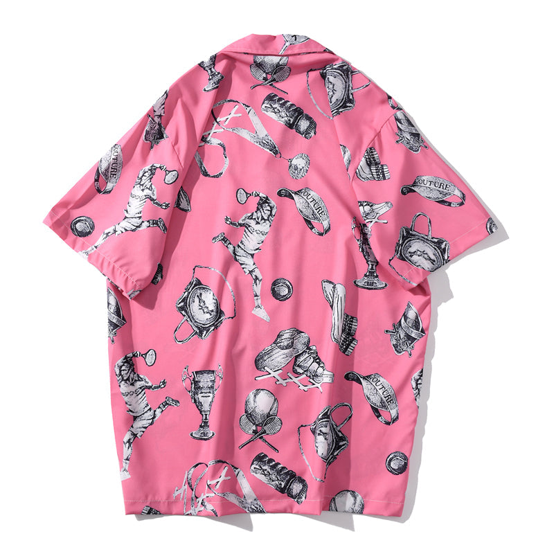 Summer Tennis Print Pink Beach Hawaiian Aloha Shirts Mens Casual Short Sleeve Shirt Male Fashion Shirts Tops