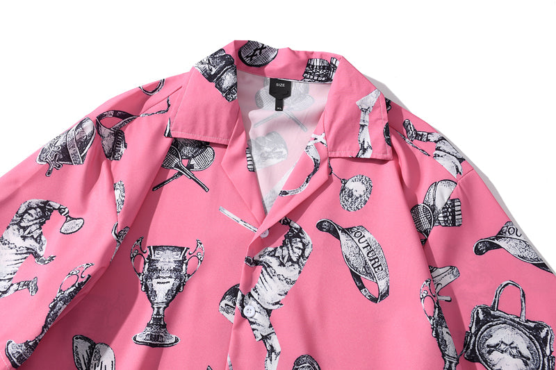 Summer Tennis Print Pink Beach Hawaiian Aloha Shirts Mens Casual Short Sleeve Shirt Male Fashion Shirts Tops