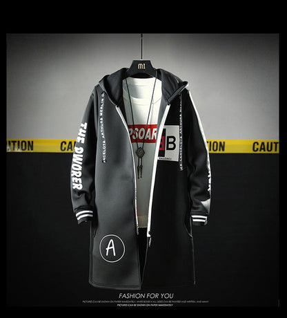 The North Fashion Long Coat Autumn Zipper Windproof Slim Windbreaker Mens Large Size Hip Hop Jackets Clothes Face