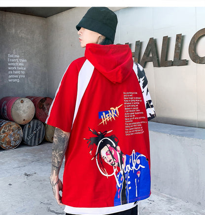 Hip Hop Cool Boy Letter Print Mens T Shirt Harajuku Fashion Streetwear Hooded Tops Tees Cotton Short Sleeve in red design.