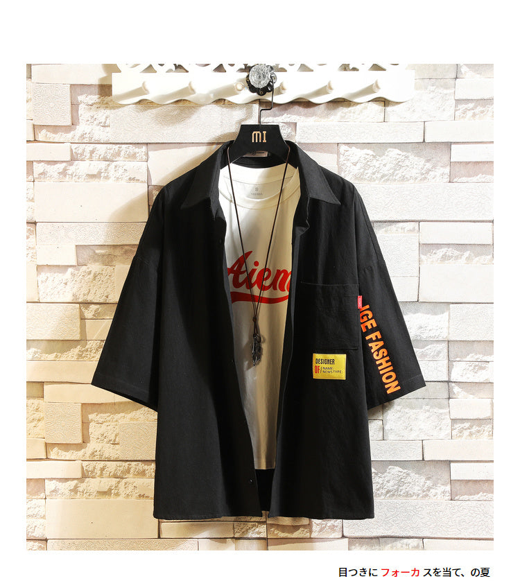 White Oversized Cotton Military Mens Blouses Fashion Summer Casual Shirts Top Men Loose Short Sleeve Japanese Male Blouse.