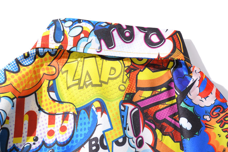 Summer Street Graffiti Blue Shirt Male Fashion Beach Holiday Shirt Hip Hop Casual Mens Short Sleeve Hawaiian Shirts close-up