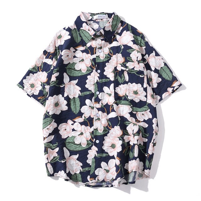 Summer Hip Hop Tops Korean Full Flowers Print Yellow Shirt Fashion Holiday Casual Mens Short Sleeve Hawaiian Shirts