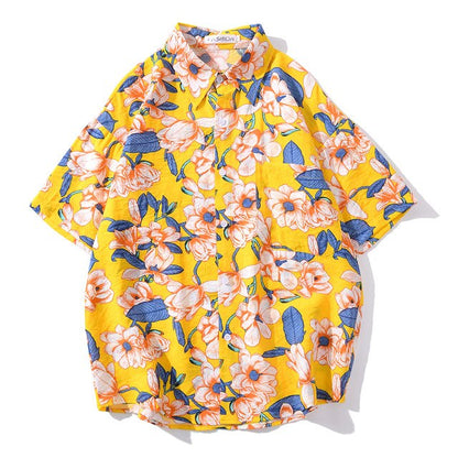 Summer Hip Hop Tops Korean Full Flowers Print Yellow Shirt Fashion Holiday Casual Mens Short Sleeve Hawaiian Shirts