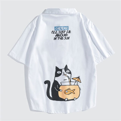 Japanese Style Cat Print White Shirts Mens Casual Short Sleeve Shirt Male Fashion Cotton Shirts Tops Clothing with cat design