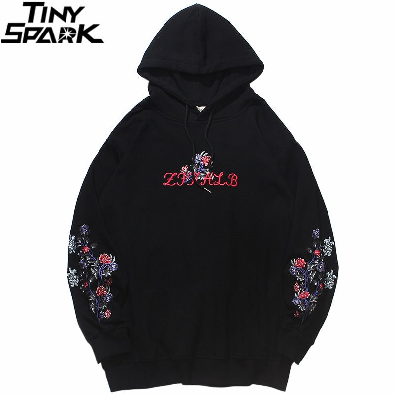 Mens Hip Hop Streetwear Hoodie Embroidery Flower Freaky Printed Sweatshirt Cotton Loose Floral Tops Fashion Hooded Pullover
