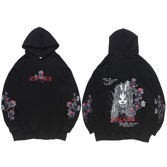 Mens Hip Hop Streetwear Hoodie Embroidery Flower Freaky Printed Sweatshirt Cotton Loose Floral Tops Fashion Hooded Pullover