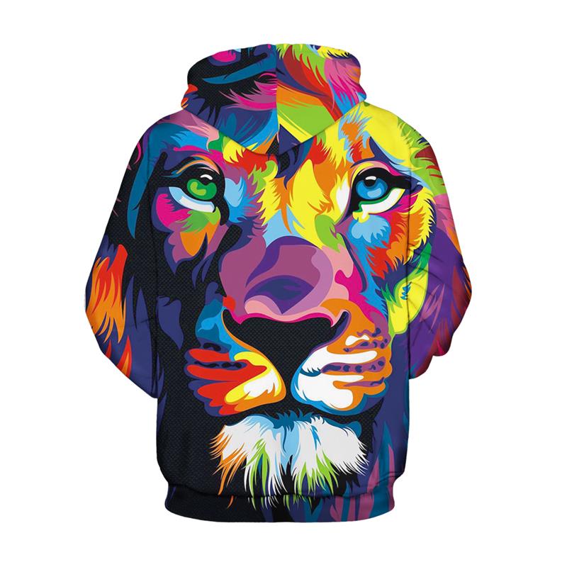 New Fashion Women Men Colorful 3D Hoodies with vibrant lion head design and colorful patterns on the back.