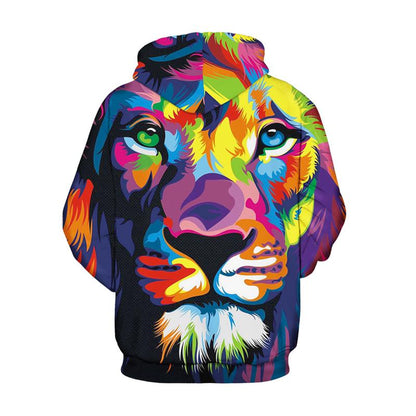New Fashion Women Men Colorful 3D Hoodies with vibrant lion head design and colorful patterns on the back.