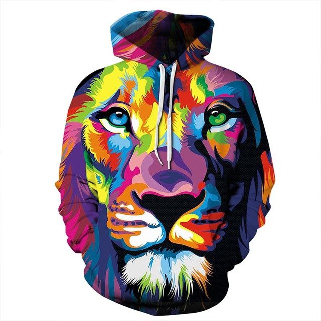 New Fashion Women Men Colorful 3D Hoodies featuring vibrant lion head design in colorful 3D print.