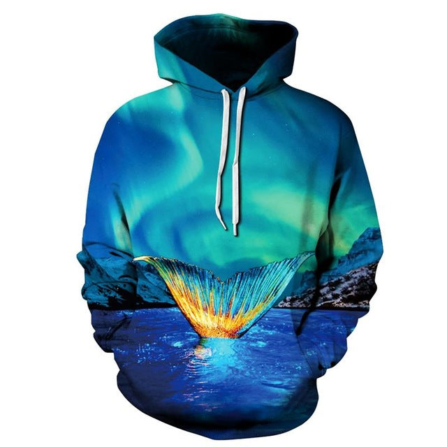 New Fashion Women Men Colorful 3D Hoodies featuring a vibrant blue design with a scenic view and artistic elements.