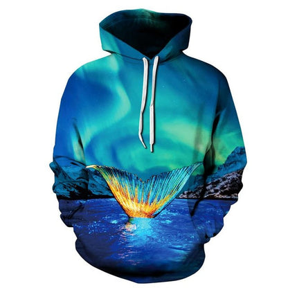 New Fashion Women Men Colorful 3D Hoodies featuring a vibrant blue design with a scenic view and artistic elements.
