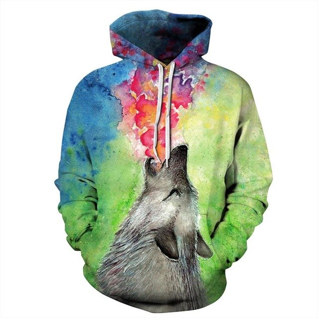 New Fashion Women Men Colorful 3D Hoodies featuring a wolf design with vibrant colors and artistic elements.