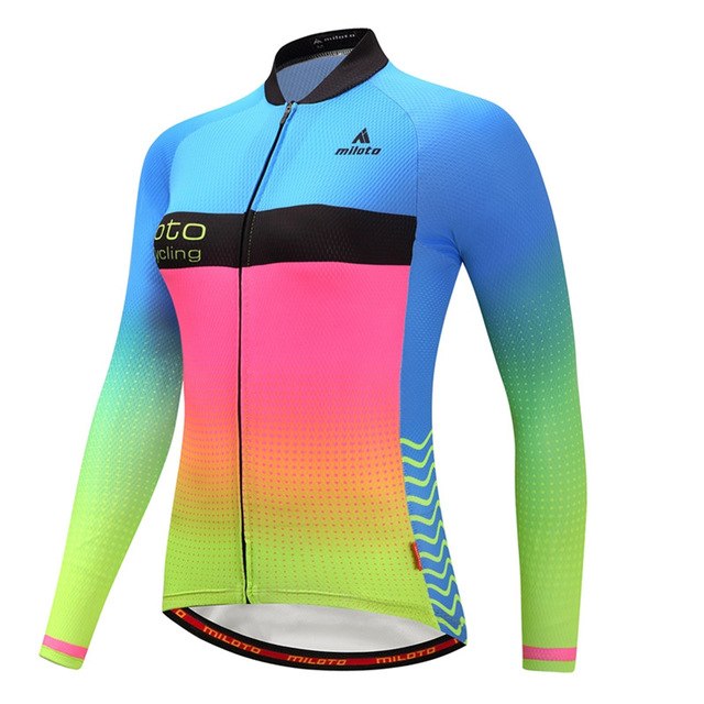 Women Long Sleeve Thermal Fleece Cycling Clothing in vibrant blue, pink, and green design with full zipper.