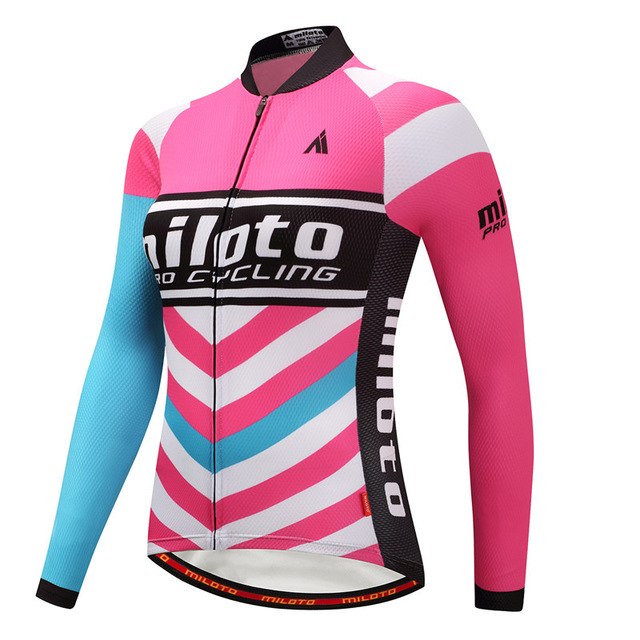 Women Long Sleeve Thermal Fleece Cycling Clothing in vibrant pink and blue design, perfect for cycling.