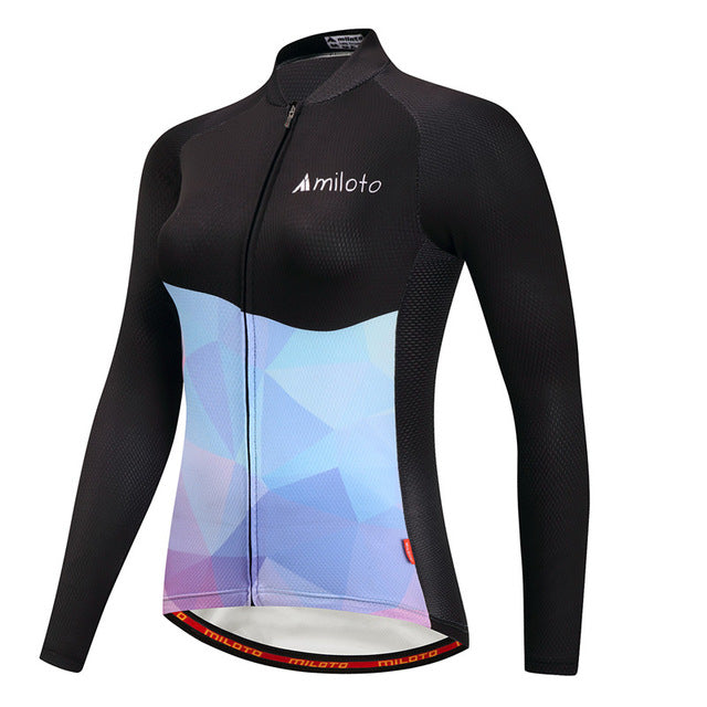 Women Long Sleeve Thermal Fleece Cycling Clothing in black with colorful geometric design and full zipper.