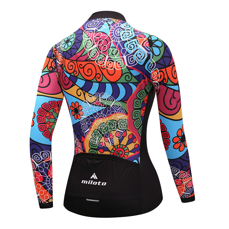 Women Long Sleeve Thermal Fleece Cycling Clothing with colorful design, showcasing back view and fit for cycling.