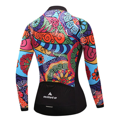 Women Long Sleeve Thermal Fleece Cycling Clothing with colorful design, showcasing back view and fit for cycling.