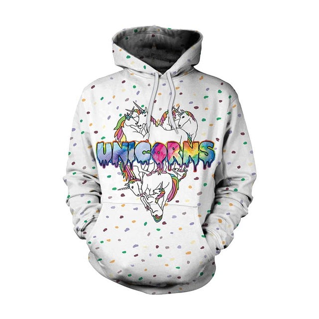 New Fashion Men Women  Unicorn 3D Printed Cartoon Hoodies with colorful unicorn design.