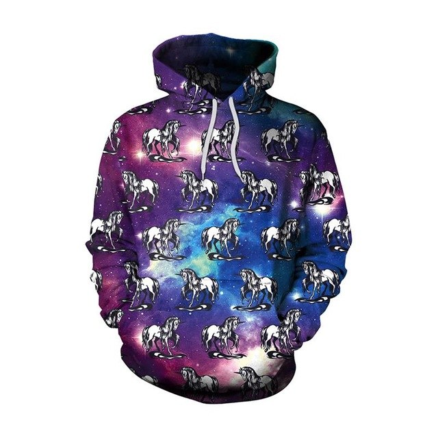 New Fashion Men Women  Unicorn 3D Printed Cartoon Hoodies with colorful galaxy background and unicorn designs.
