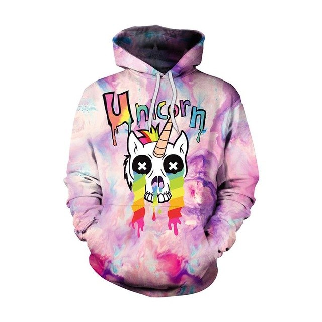 New Fashion Men Women  Unicorn 3D Printed Cartoon Hoodies featuring a vibrant unicorn skull design on a colorful abstract background.