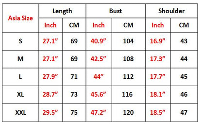 Size chart for New Fashion Punk Red Flower 3D Sweatshirts Women Men showing Asia sizes in inches and CM.
